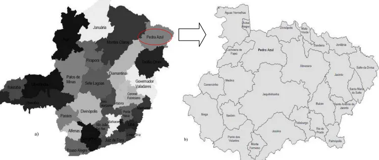 Figura 1 – a) Mapa de Minas Gerais de acordo com a GRS b) Mapa dos Municípios que compõem a GRS de Pedra Azul.