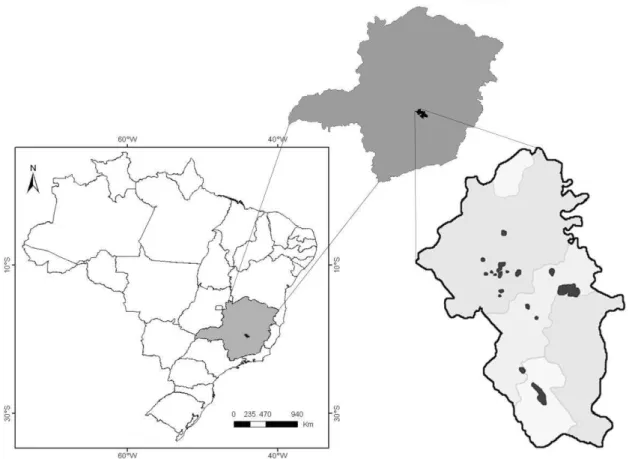 Figura  1:  Localização  da  Área  de  Proteção  Ambiental  Carste  de  Lagoa  Santa,  Minas  Gerais,  Brazil,  Detalhe para o sistema lacustre da área