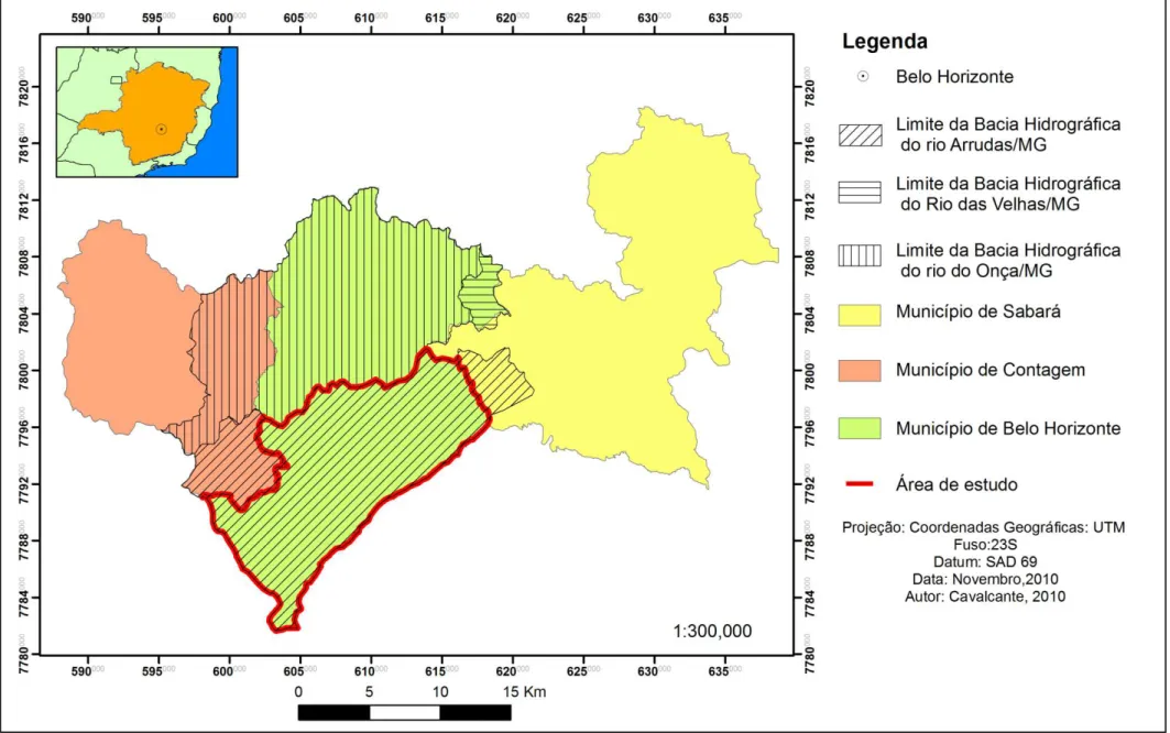 FIGURA 16 – Município de Belo Horizonte: suas bacias hidrográficas e localização da área de estudo  ADAPTADO DE: GEOMINAS, 1995; PRODABEL, 2005 