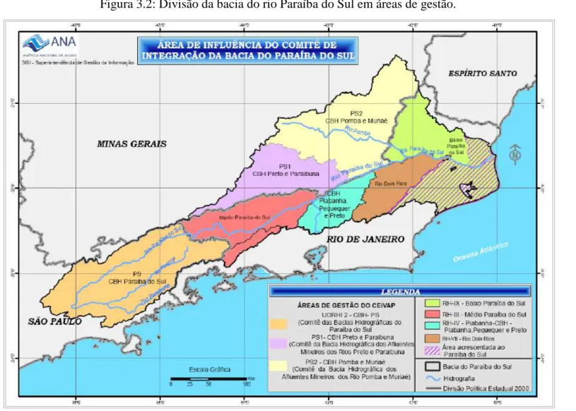 Figura 3.2: Divisão da bacia do rio Paraíba do Sul em áreas de gestão. 