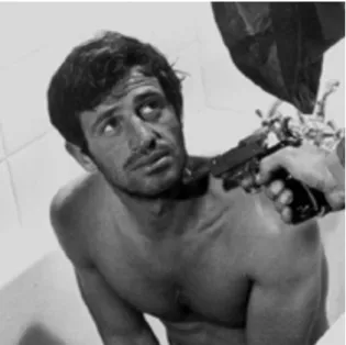 Figura 12 - A morte persegue Ferdinand, em fotograma de Pierrot le fou  (O demônio das onze horas), de Jean-Luc Godard 