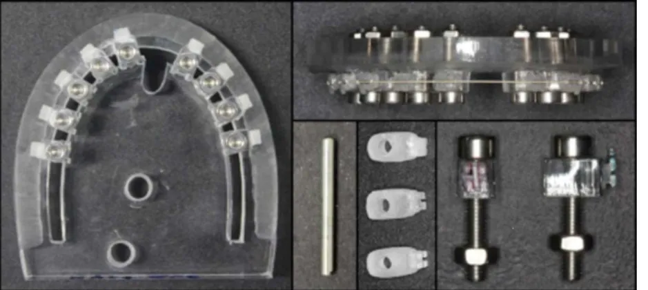 Figure 2-  Acrylic resin plate with the structures in position and brackets bonded; acrylic device representative of the right maxillary central  incisor and cylindrical metal structure