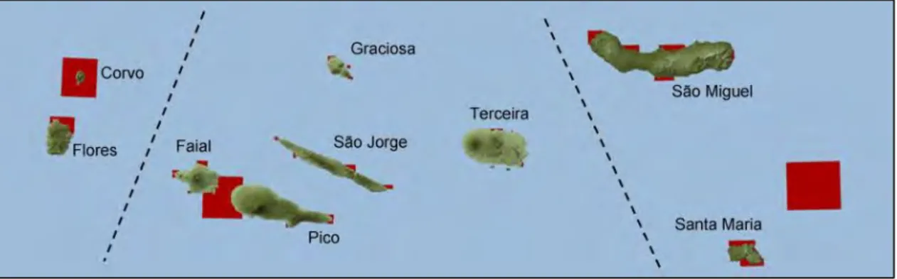 Figure  1.1:  Areas  protected  by  the  ‘Island  Natural  Parks’  (red  squares)  of  each  island  in  the  Azores  archipelago