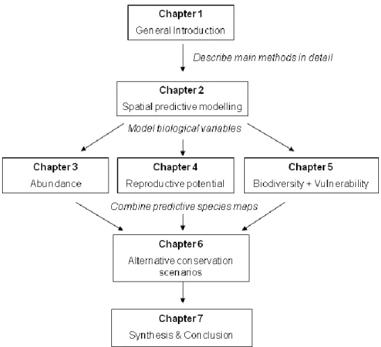 Figure 1.5: Diagram of the organisation of the thesis and the workflows between chapters