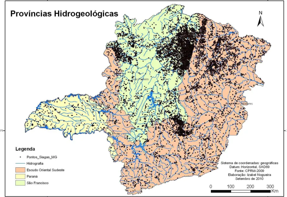 Figura 5 : Distribuição dos Pontos do SIAGAS nas Províncias hidrogeológicas de Minas Gerais.