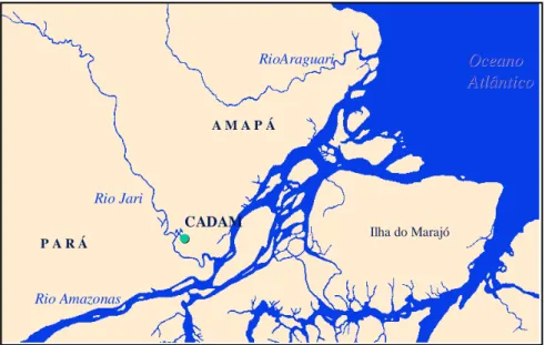 Figura 3.7: Mapa de localização da mina do Morro do Felipe OceanoOceanoAtlânticoAtlânticoIlha do MarajóCADAMRio JariRio AmazonasRioAraguari A M A P ÁP A R Á