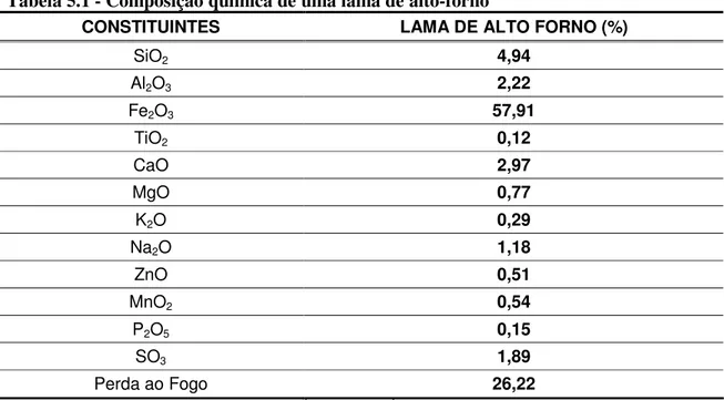 Tabela 5.1 - Composição química de uma lama de alto-forno 