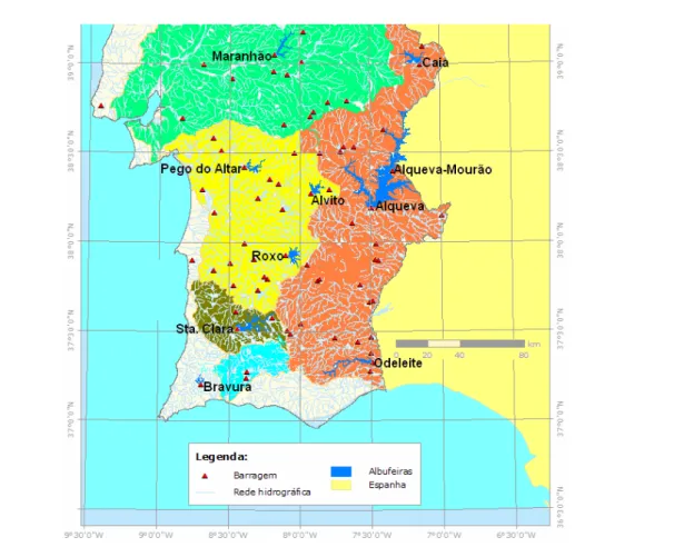 Figura 3.1 Mapa do sul de Portugal com a localização das albufeiras monitorizadas.