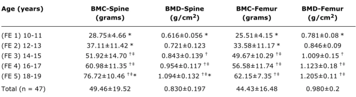 Table 2 - Mean and standard deviations of bone mineral content and bone mineral density in the lumbar spine (L1-L4) and proximal femur regarding the age groups