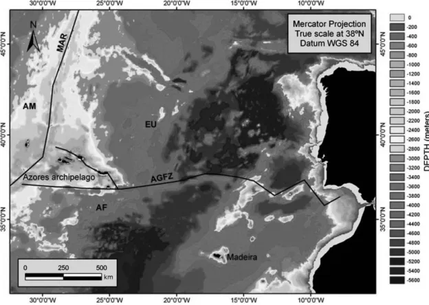 Figure  1.  Geographical  and  tectonic  setting  of  the  Eurasia-Africa-North  America  plate  boundary  (modified  from Argus  et  al.,  1989)