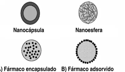 FIGURA 2 –  Representação esquemática de nanocápsula constituída por um núcleo  oleoso envolvido por uma membrana polimérica e nanoesfera constituída por uma  matriz polimérica; A e B representam as diferentes formas de associação do fármaco  às nanopartíc