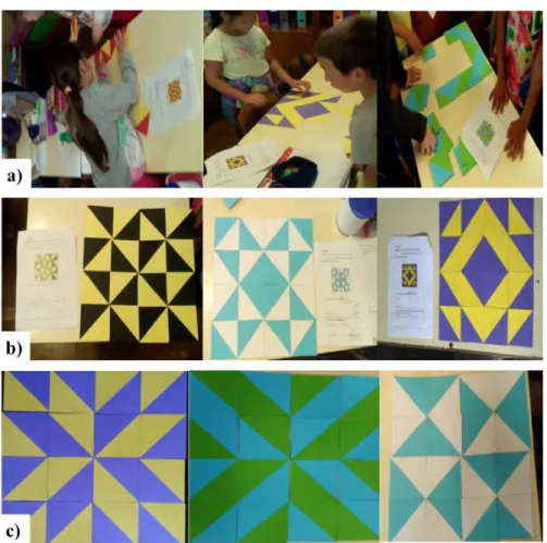 Figura 7: Brincando com os azulejos de Truchet: a) Construc ¸˜ ao dos pain´ eis; b) Pain´ eis constru´ıdos; c) Outros exemplos de pain´ eis .