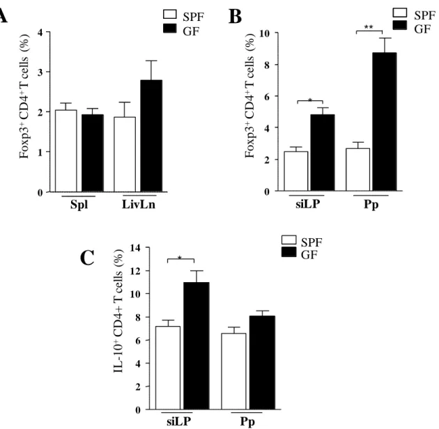 Fig 7. Germfree mice infected with T. gondii have increased regulatory responses in the gut