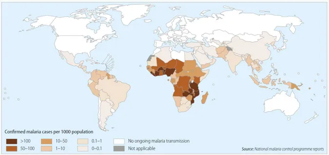 Figura  1-  Países  com  transmissão  contínua  de  malária,  2013.  Fonte:  World  Malaria  Report  2014
