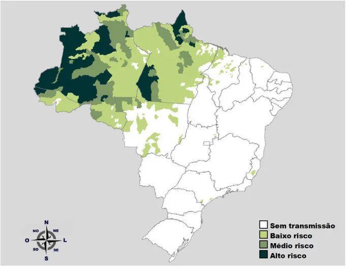 Figura 2- Risco da malária por município de infecção, Brasil, 2013. Fonte: Sinan/SVS/MS e  Sivep-Malária/SVS/MS
