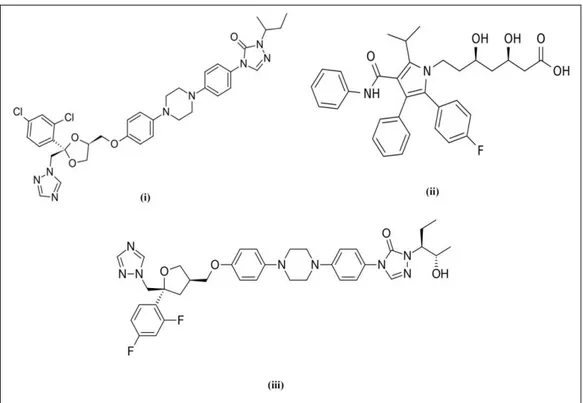 Figura  5-  Estruturas  químicas  dos  fármacos:  (i)  itraconazol,  (ii)  atorvastatina  e  (iii)  posaconazol