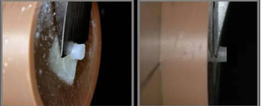 Figura 3. Vistas laterais em que a lâmina está posicionada na interface  esmalte/restauração exerce  compressão sobre o espécime 