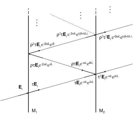 Figura 2.2: Valores de contorno do campo resultante de sucessivas reflex˜ oes, trans- trans-miss˜oes e absor¸c˜ oes no meio.