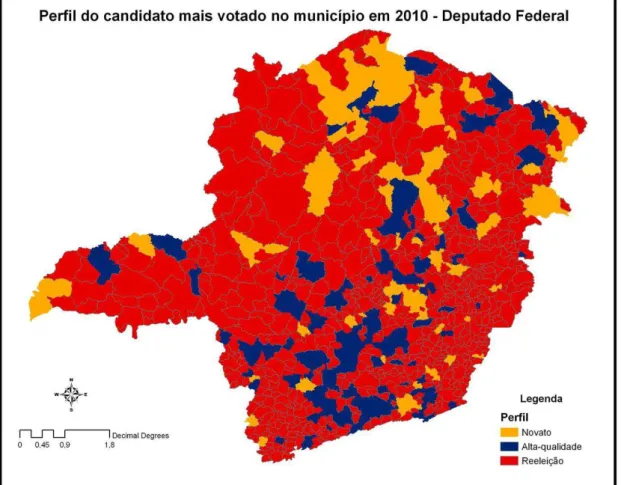 Figura 3 – Mapa do perfil do candidato mais votado, no município, nas eleições para  deputado federal, em MG, em 2010 