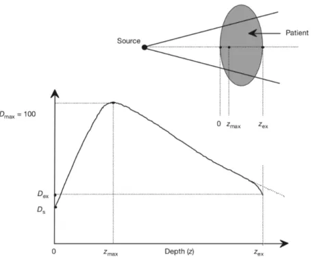 Figure 1.2: Typical dose distribution on the central axis of a megavoltage beam. Ds is a superficial dose, at zmax  depth dose reach a maximum value Dmax, Dex is the dose delivered to the patient at the beam exit point zex: we  can observe a small curve do