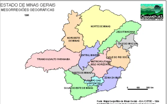 Figura 1. Divisão geográfica das 12 mesorregiões de Minas Gerais. 