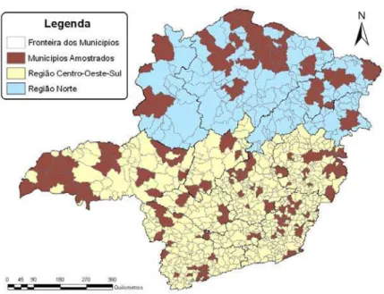 Figura 1 -– Localização dos municípios com propriedades de caprinos, amostradas nas doze mesorregiões de Minas Gerais, 2001.