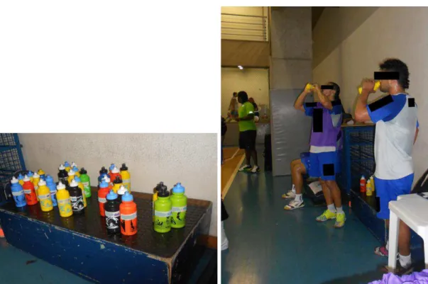 FIGURA 4: Garrafinhas colocadas ao lado da quadra e atletas ingerindo líquido das suas garrafinhas  durante uma sessão de treinamento