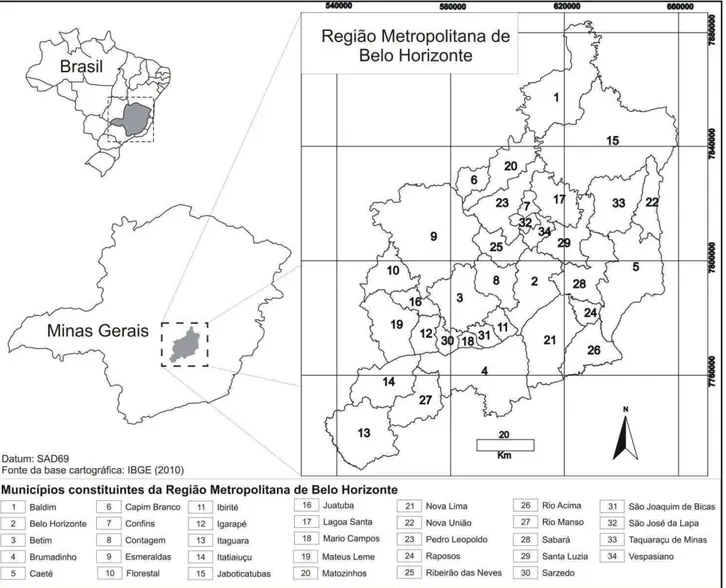 Figura 2 - Localização e municípios da Região Metropolitana de Belo Horizonte (Modificado de IBGE 2010)