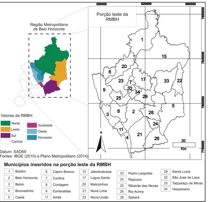 Figura 3 - Localização da área de estudo e municípios inseridos na porção leste da RMBH (modificado de IBGE 2010)