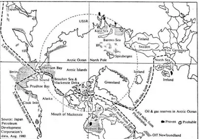 FIGURA 3.1  – Distribuição  de  recursos  petrolíferos  em  áreas  de  mar  gelado  no  hemisfério norte no ano de 1984 (2) 