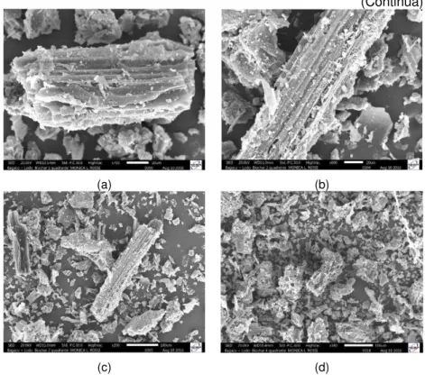 Figura 4  – Micrografias de biocarvão de lodo de esgoto + bagaço de  cana-de-açúcar  em  microscopia  eletrônica  de  varredura  com  diferentes  aumentos:  700  (a),  600  (b),  200  (c),  180  (d), 370 (e) e 1200 (f) vezes 