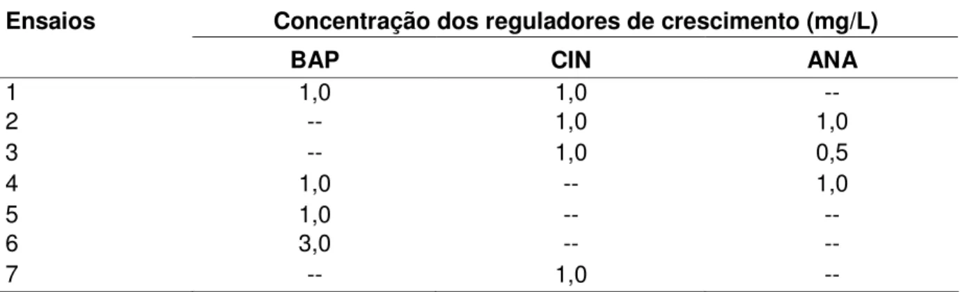 Tabela III.1. Diferentes tipos e concentrações de reguladores de crescimento utilizados no  estabelecimento do cultivo de cúrcuma in vitro 