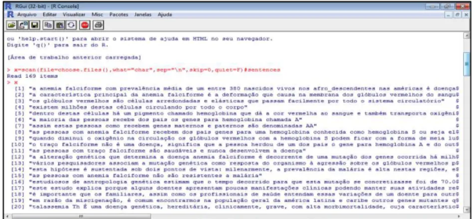 FIGURA  20.  Tela  inicial  do  ambiente  de  programação  R,  mostrando  o  comando para importar documentos em formato .txt 