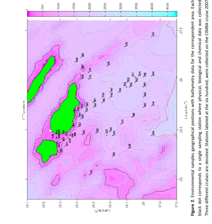 Figure 2. Environmental samples geographical positions with bathymetry data for the correspondent area