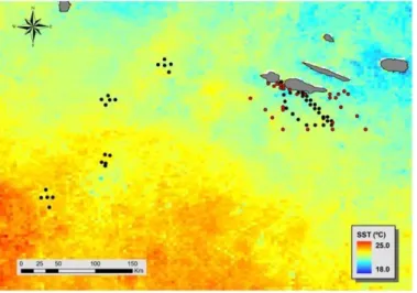 Figure  8.  MODIS/Aqua-derived  Sea  surface  temperature  (SST)  for  July  2008  (summer,  region  of  study)