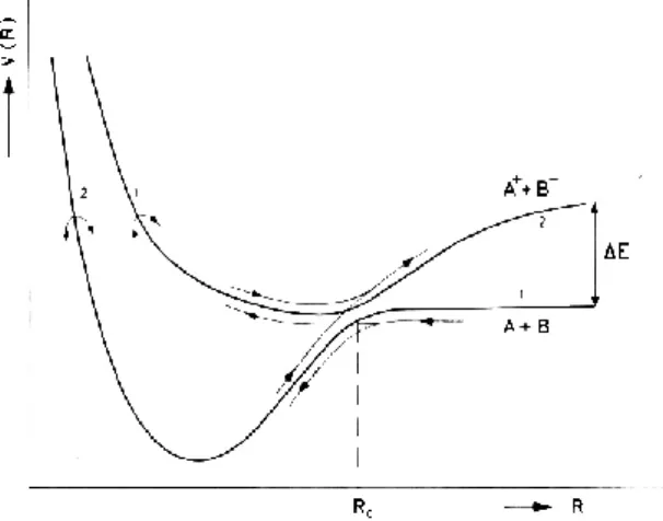 Figure 1. Schematic potential energy curves of two adiabatic states V 1-2 (R) and V 2-1 (R) as a function  of  the  internuclear  distance  R(A-B),  and  trajectories  with  adiabatic  and  non-adiabatic  transitions  (diabatic  states  1-1  (covalent)  an