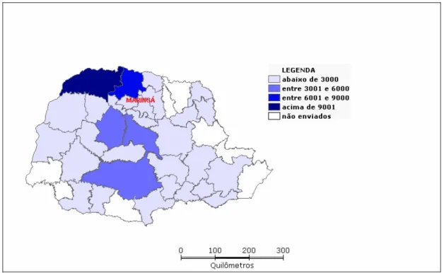 Figura 13. Trânsito de bovinos com finalidade de abate para a microrregião de Maringá,  Paraná, no terceiro trimestre de 2008