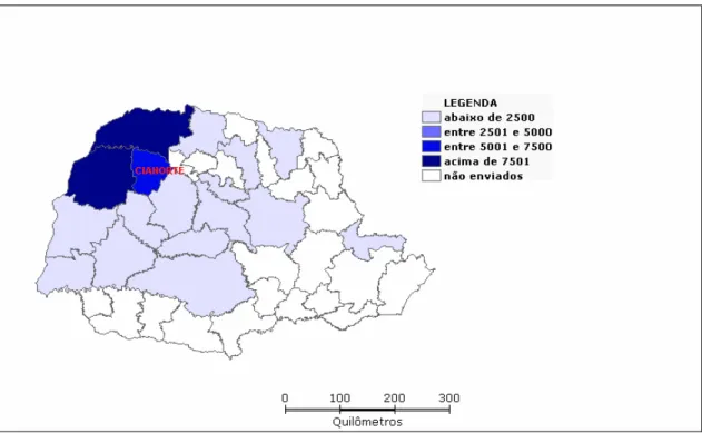 Figura 22. Trânsito de bovinos com finalidade de abate para a microrregião de Cianorte,  Paraná, no segundo trimestre de 2008