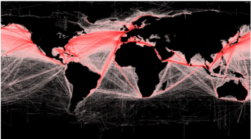 Figura 1 - Mapa das rotas comerciais marítimas mais frequentadas   [Fonte:(Grolltech, 2012)]