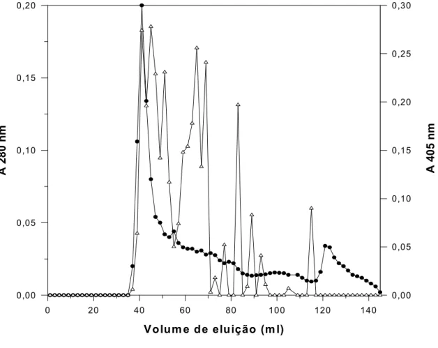 Figura 3. Cromatografia da secreção de cercárias em Superdex 75. Secreção de  cercárias  em  um  volume  de  2  ml  contendo  9,0  mg  de  proteína  foi  aplicada  em  uma  coluna  (1,6  x  60  cm)  de  Superdex  75