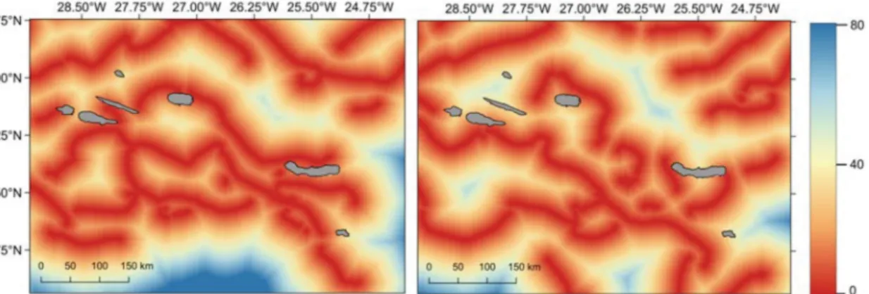 Figure 1.3 Distance to frontal thermal areas in the Azores archipelago area in two  consecutive weeks (26/6/15 to 4/7/15 and 4/7/15 to 11/7/15)