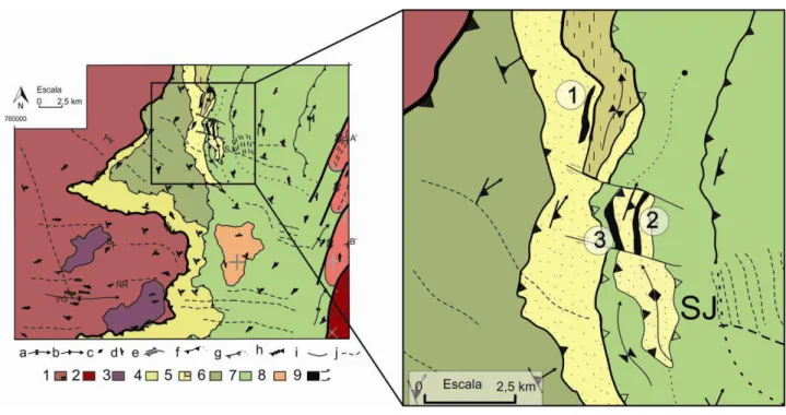 Figura  4.1.  Detalhe  da  localização  dos  corpos  de  rocha  metaultramáfica  mapeados  na  região  de  São  José  da  Safira,  separados em corpos (1), (2) e (3)