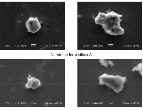 Figura 5.19 - Fotomicrografias da fase de FeSi 2  dos nitretos de ferro silício A e B