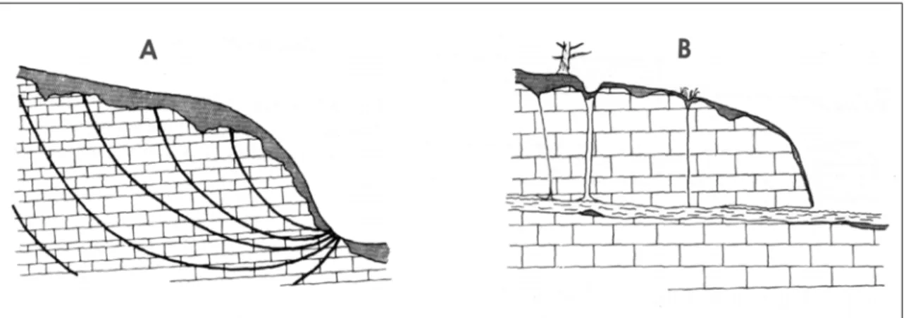 Figura 5.4 -  Representação esquemática do escoamento em uma região cárstica.  A) Escoamento difuso com aproximações de um meio poroso