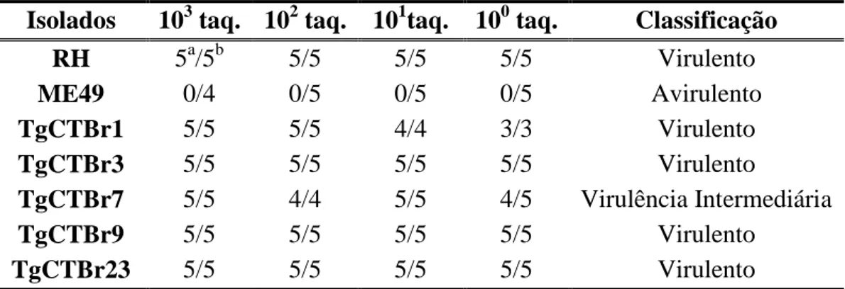 Tabela 1: Classificação da virulência dos isolados de T. gondii em camundongos  BALB/c (segundo Carneiro et al