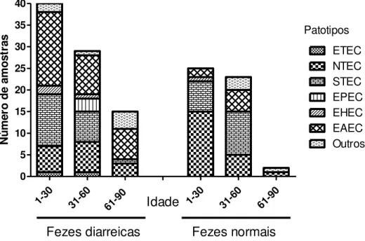 Figura  3.2:  Número  de  amostras  de  acordo  com  patotipo  de  E.  coli  identificado  em  amostras  fecais  diarreicas e não diarreicas nos três grupos de idade dos bezerros bubalinos
