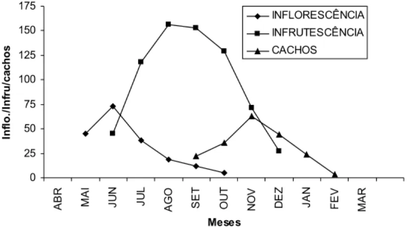 Figura 2 – Total de irflorescêrcias, de irfrutescêrcias e de  cachos produzidos por 41 plartas de  coquirho-azedo   durarte   o   período   de   abril   de   2006   a  março de 2007