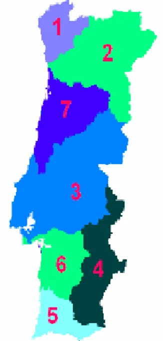 Figura 2.6. Regiões Hidrográficas para a classificação decimal. 1 – Norte, 2 –  Douro, 3 – Tejo, 4 – Guadiana, 5 – Algarve, 6 – Sado e Mira, 7 – Mondego
