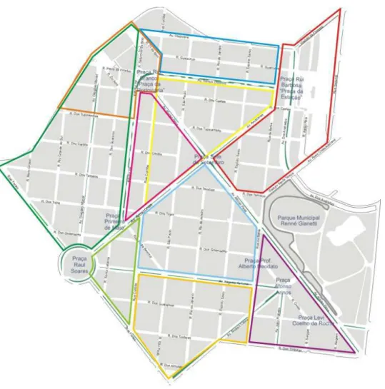 Figura 1 - Mapa do Hipercento de Belo Horizonte – As áreas marcadas com cor  correspondem à delimitação das derivas do Projeto Cartografia dos Sentidos