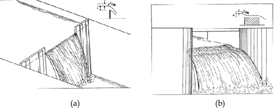 Figura 5.5. Descarregadores de soleira delgada (a) e soleira espessa (b). (Lencastre  e Franco, 2003)